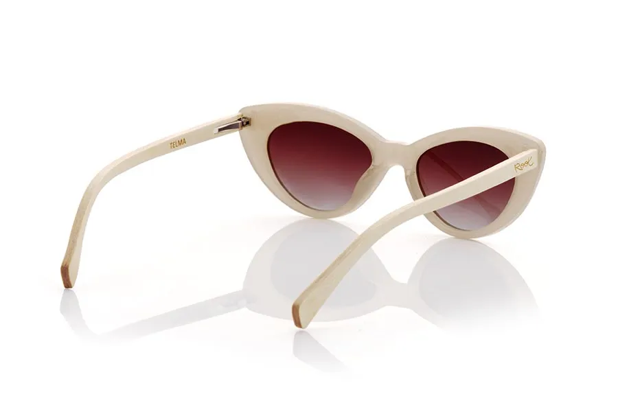 Wood eyewear of Maple TELMA. TELMA sunglasses are a perfect option for those women looking for a vintage style with a modern touch. The satin light cream frame, together with the maple wood temples, create an elegant and original look. Gradient brown lenses perfectly complement the retro aesthetic of these glasses. With their timeless design, TELMA glasses will be an essential accessory in any wardrobe. Complete your look with these unique glasses and add a vintage touch to your daily outfits! Front measurement 145x45mm Caliber: 50 for Wholesale & Retail | Root Sunglasses® 